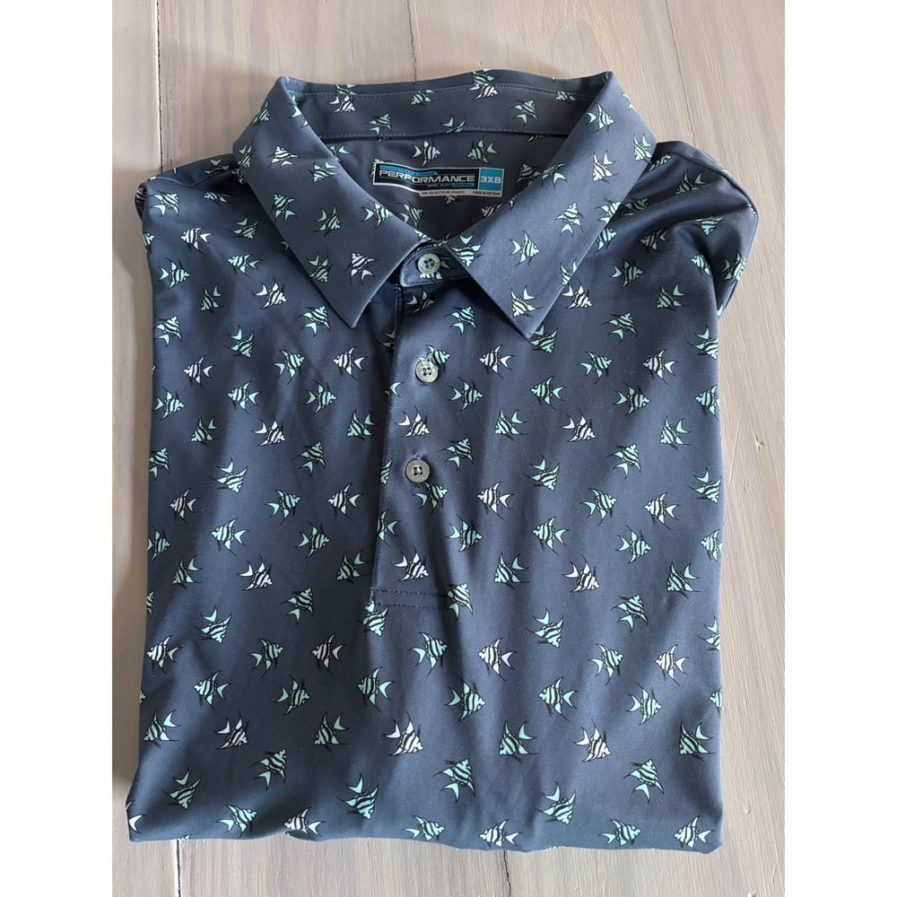 Roundtree & Yorke Performance Polo Shirt 3XB Fish Print Short Sleeve‎ Stretch